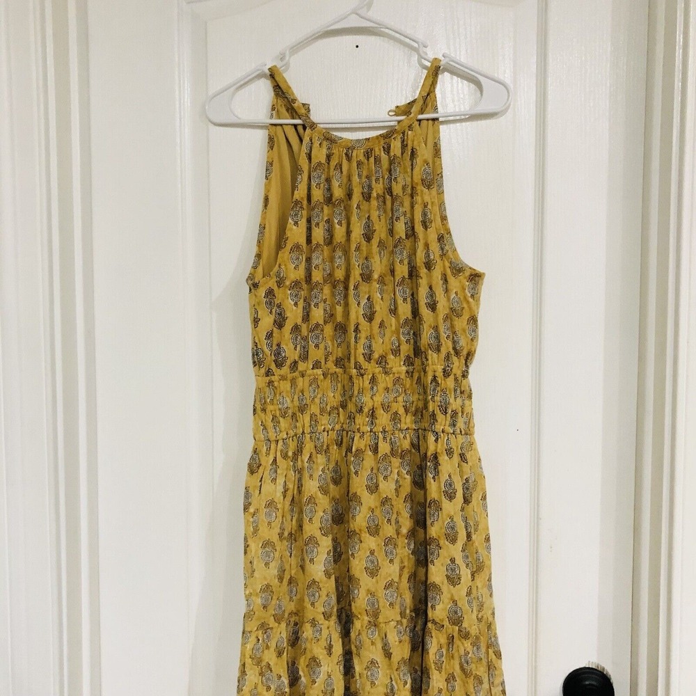 dRA Los Angeles‎ Mustard Yellow Floral Block Print Halter Smocked Midi Dress XS